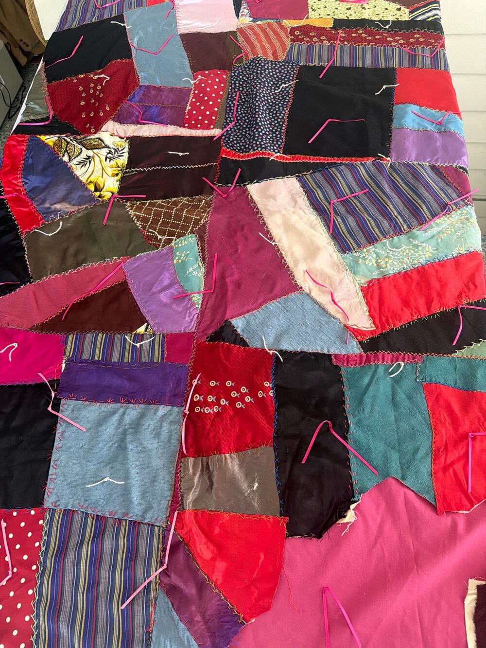 Vintage Hand Stitched Crazy Patchwork Lap Throw Cutter Quilt Folk Art Textile